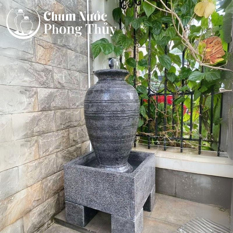 chi tiết Bộ Đơn Chum Nước Phong Thủy Đá Mài Đen Sọc Ngang Chậu Vuông CN-11
