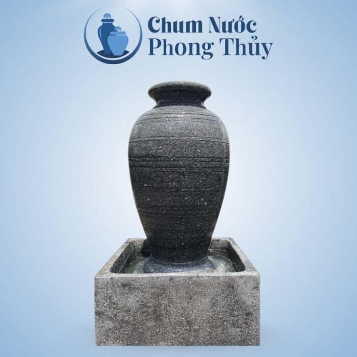Bộ Đơn Chum Nước Phong Thủy Đá Mài Đen Sọc Ngang Chậu Vuông CN-11