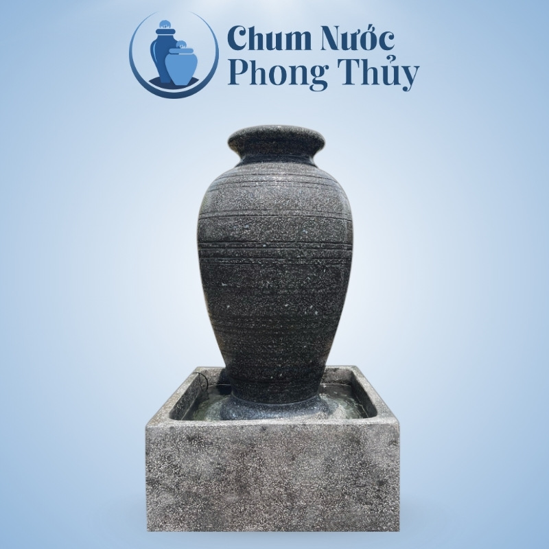 Bộ Đơn Chum Nước Phong Thủy Đá Mài Đen Sọc Ngang Chậu Vuông CN-11