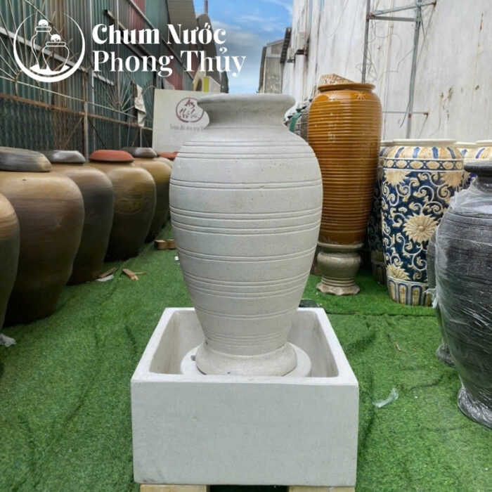 chi tiết Bộ Đơn Lu Nước Trang Trí Đá Mài Trắng Sọc Nổi Chậu Vuông CN-09