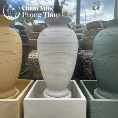 chi tiết Bộ Đơn Lu Nước Trang Trí Đá Mài Trắng Sọc Nổi Chậu Vuông CN-09