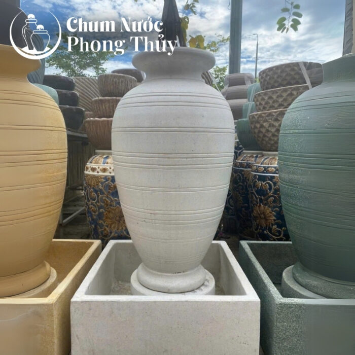 chi tiết Bộ Đơn Lu Nước Trang Trí Đá Mài Trắng Sọc Nổi Chậu Vuông CN-09