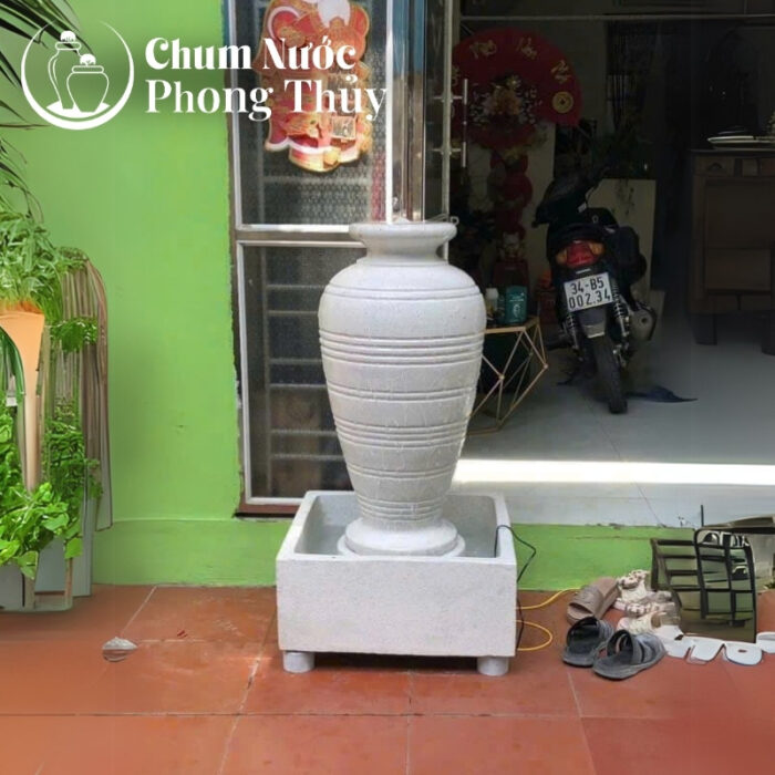 chi tiết Bộ Đơn Lu Nước Trang Trí Đá Mài Trắng Sọc Nổi Chậu Vuông CN-09