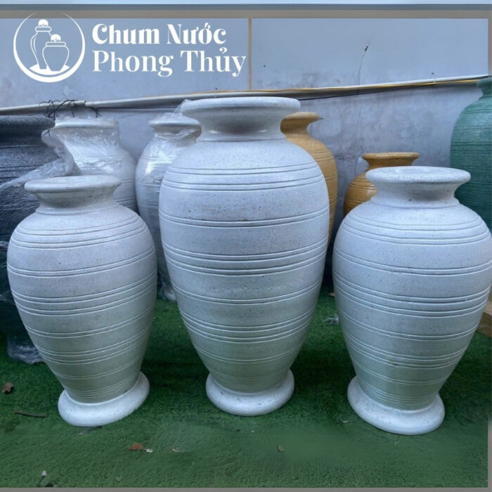 chi tiết Bộ Đơn Lu Nước Trang Trí Đá Mài Trắng Sọc Nổi Chậu Vuông CN-09