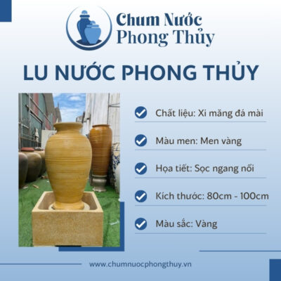 đặc điểm Bộ Đơn Chum Nước Trang Trí Sân Vườn Đá Mài Vàng Bề Mặt Vân Nổi Chậu Vuông CN-10
