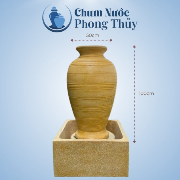 kích thước Bộ Đơn Chum Nước Trang Trí Sân Vườn Đá Mài Vàng Bề Mặt Vân Nổi Chậu Vuông CN-10