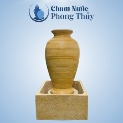 Bộ Đơn Chum Nước Trang Trí Sân Vườn Đá Mài Vàng Bề Mặt Vân Nổi Chậu Vuông CN-10