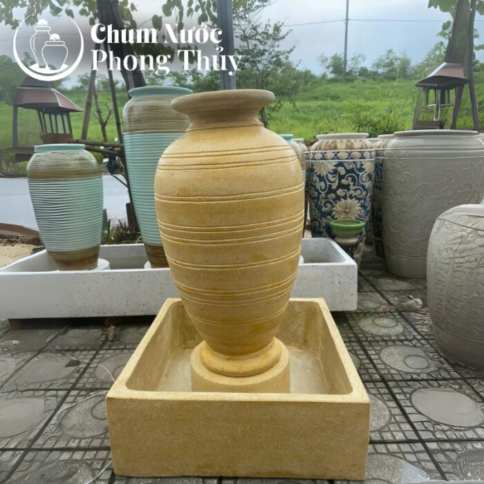 chi tiết Bộ Đơn Chum Nước Trang Trí Sân Vườn Đá Mài Vàng Bề Mặt Vân Nổi Chậu Vuông CN-10