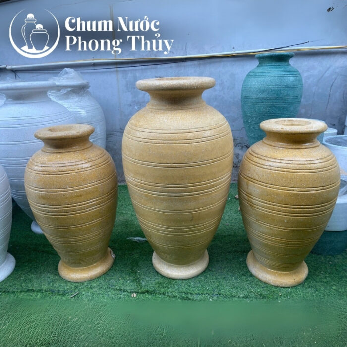 chi tiết Bộ Đơn Chum Nước Trang Trí Sân Vườn Đá Mài Vàng Bề Mặt Vân Nổi Chậu Vuông CN-10