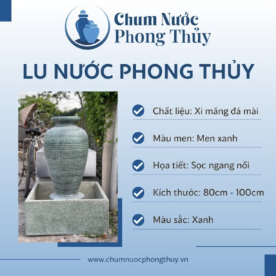 đặc điểm Bộ Đơn Lu Nước Trang Trí Sân Vườn Đá Mài Xanh Họa Tiết Sọc Nổi Chậu Vuông CN-12