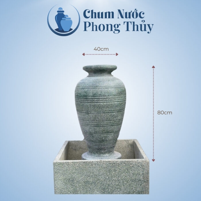 kích thước Bộ Đơn Lu Nước Trang Trí Sân Vườn Đá Mài Xanh Họa Tiết Sọc Nổi Chậu Vuông CN-12