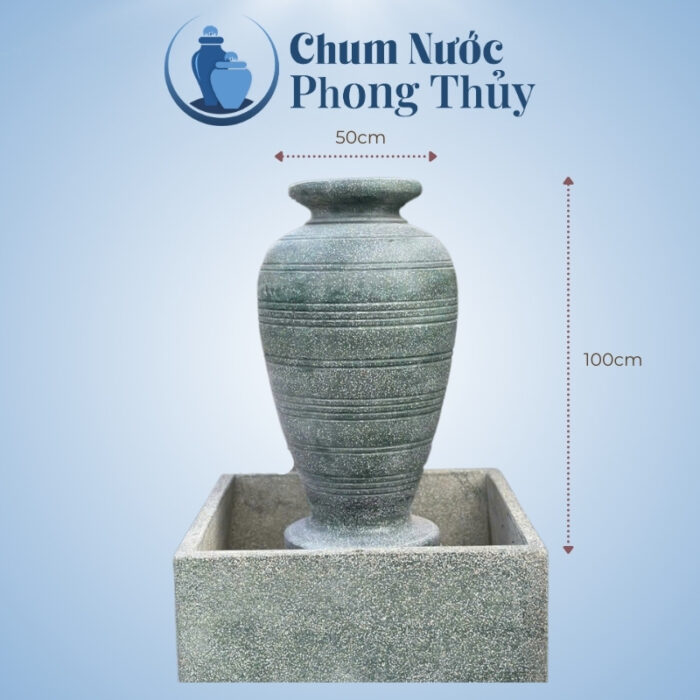 kích thước Bộ Đơn Lu Nước Trang Trí Sân Vườn Đá Mài Xanh Họa Tiết Sọc Nổi Chậu Vuông CN-12