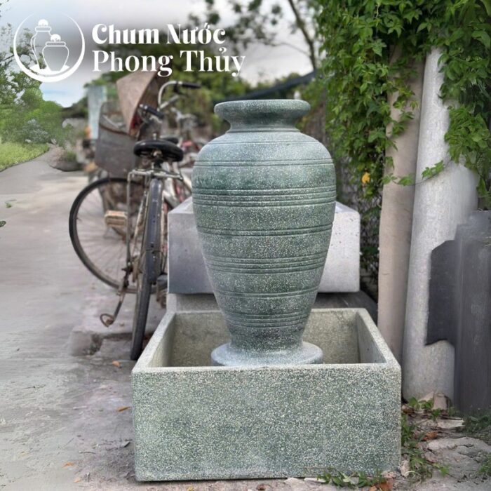 chi tiết Bộ Đơn Lu Nước Trang Trí Sân Vườn Đá Mài Xanh Họa Tiết Sọc Nổi Chậu Vuông CN-12
