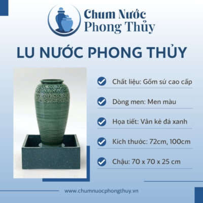 Bộ Đơn Chum Nước Phong Thủy Men Xanh Họa Tiết Vân Kẻ Chậu Vuông CN-06