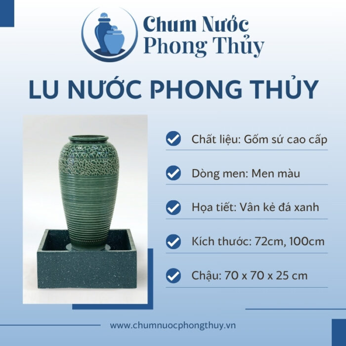 Bộ Đơn Chum Nước Phong Thủy Men Xanh Họa Tiết Vân Kẻ Chậu Vuông CN-06