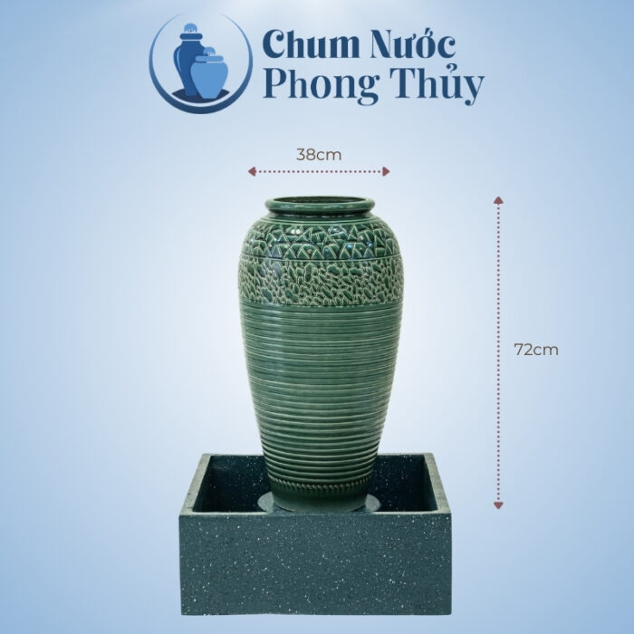 kích thước Bộ Đơn Chum Nước Phong Thủy Men Xanh Họa Tiết Vân Kẻ Chậu Vuông CN-06
