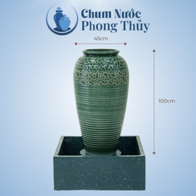 kích thước Bộ Đơn Chum Nước Phong Thủy Men Xanh Họa Tiết Vân Kẻ Chậu Vuông CN-06