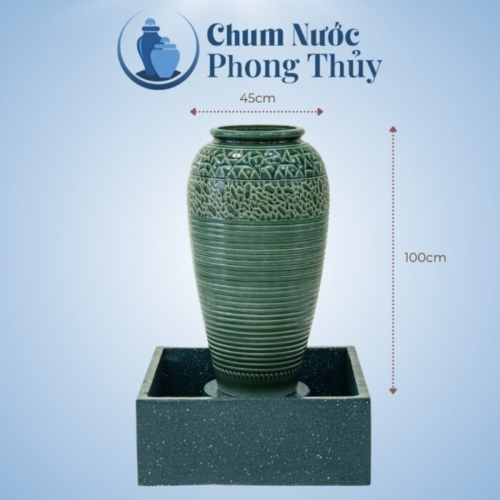 kích thước Bộ Đơn Chum Nước Phong Thủy Men Xanh Họa Tiết Vân Kẻ Chậu Vuông CN-06