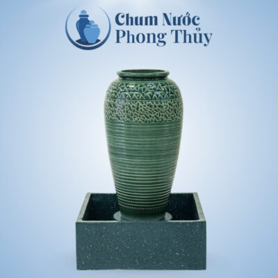 Bộ Đơn Chum Nước Phong Thủy Men Xanh Họa Tiết Vân Kẻ Chậu Vuông CN-06