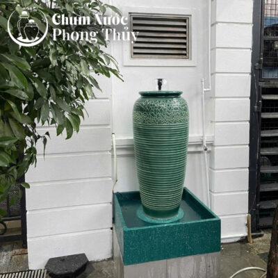 chi tiết Bộ Đơn Chum Nước Phong Thủy Men Xanh Họa Tiết Vân Kẻ Chậu Vuông CN-06