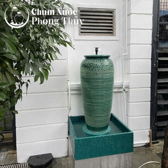 chi tiết Bộ Đơn Chum Nước Phong Thủy Men Xanh Họa Tiết Vân Kẻ Chậu Vuông CN-06