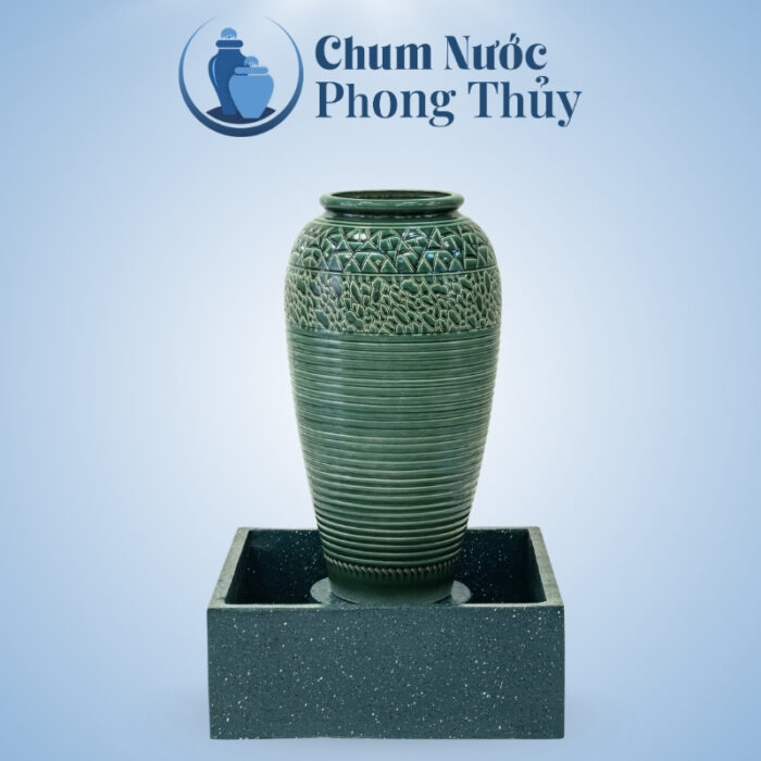Bộ Đơn Chum Nước Phong Thủy Men Xanh Họa Tiết Vân Kẻ Chậu Vuông CN-06
