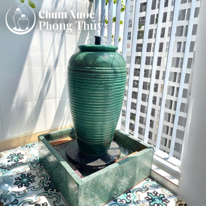 chi tiết Bộ Đơn Chum Nước Trang Trí Men Xanh Vân Kẻ Chậu Vuông CN-05