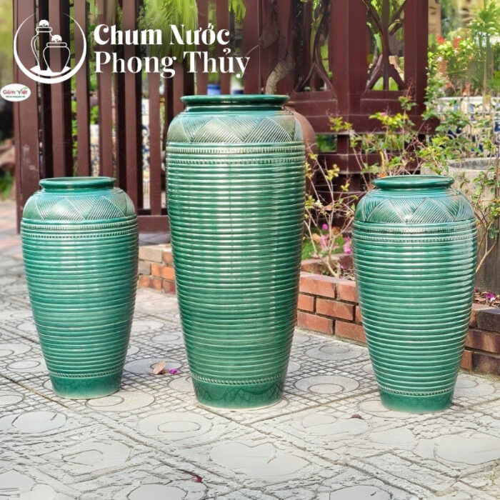 chi tiết Bộ Đơn Chum Nước Trang Trí Men Xanh Vân Kẻ Chậu Vuông CN-05