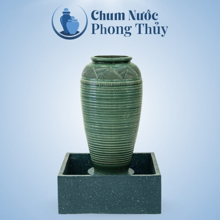 Bộ Đơn Chum Nước Trang Trí Men Xanh Vân Kẻ Chậu Vuông CN-05