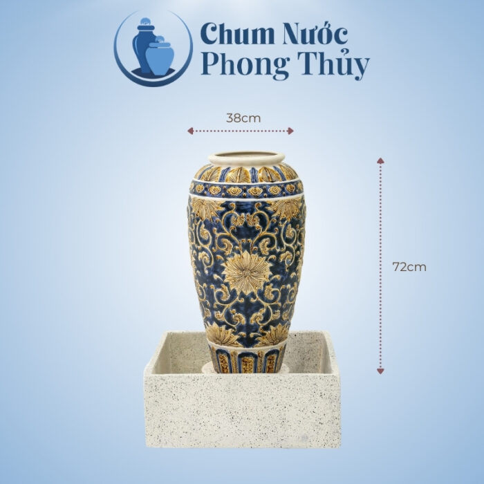 kích thước Bộ Đơn Lu Nước Trang Trí Sân Vườn Men Xanh - Vàng Họa Tiết Tân Cổ Điển Chậu Vuông CN-02