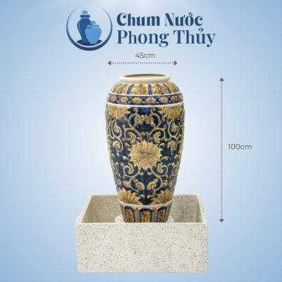 kích thước Bộ Đơn Lu Nước Trang Trí Sân Vườn Men Xanh - Vàng Họa Tiết Tân Cổ Điển Chậu Vuông CN-02