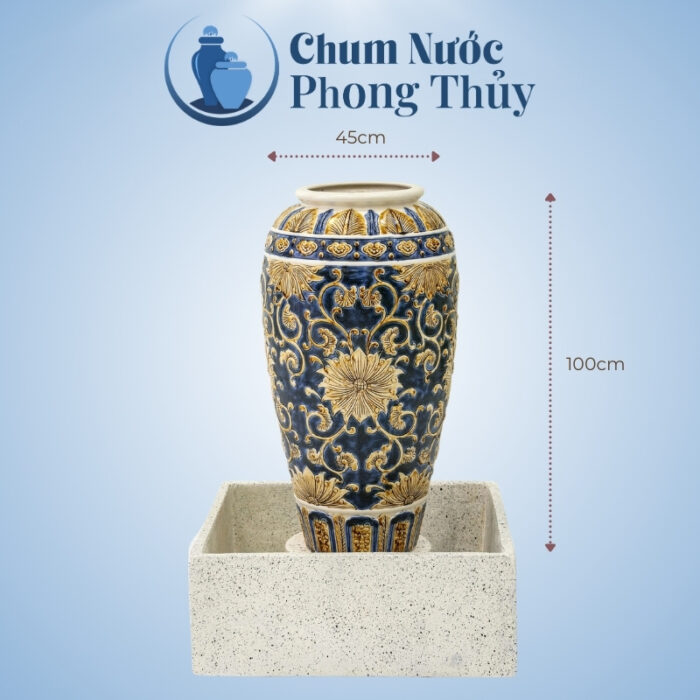 kích thước Bộ Đơn Lu Nước Trang Trí Sân Vườn Men Xanh - Vàng Họa Tiết Tân Cổ Điển Chậu Vuông CN-02