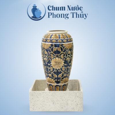 Bộ Đơn Lu Nước Trang Trí Sân Vườn Men Xanh - Vàng Họa Tiết Tân Cổ Điển Chậu Vuông CN-02