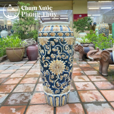 chi tiết Bộ Đơn Lu Nước Trang Trí Sân Vườn Men Xanh - Vàng Họa Tiết Tân Cổ Điển Chậu Vuông CN-02