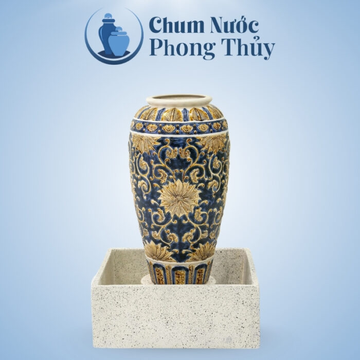 Bộ Đơn Lu Nước Trang Trí Sân Vườn Men Xanh - Vàng Họa Tiết Tân Cổ Điển Chậu Vuông CN-02