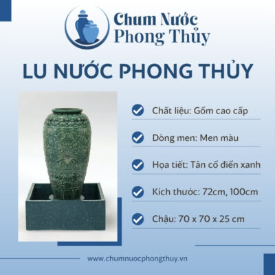 đặc điểm Bộ Đơn Lu Nước Phong Thủy Men Xanh Họa Tiết Tân Cổ Chậu Vuông CN-01