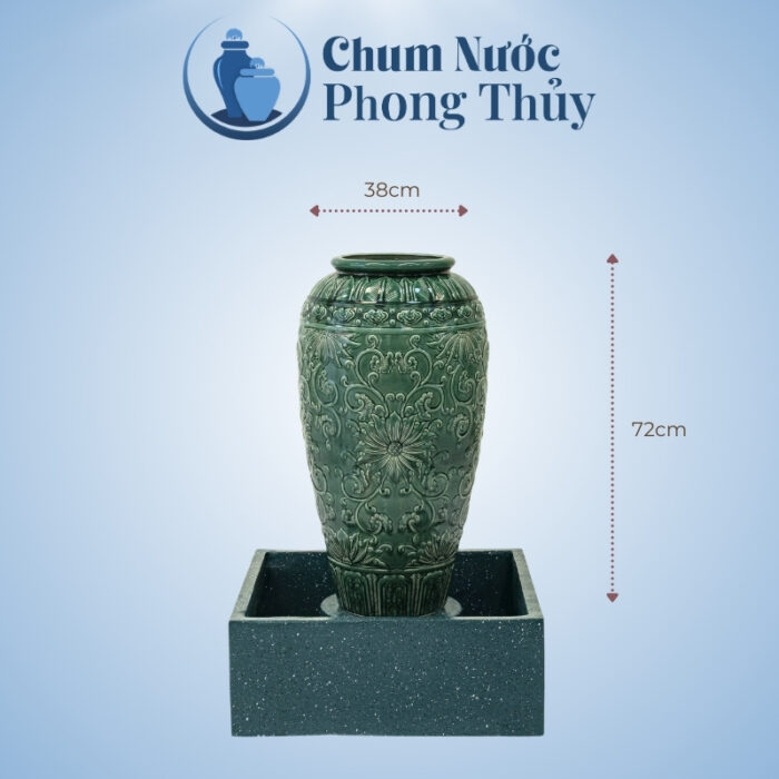 kích thước Bộ Đơn Lu Nước Phong Thủy Men Xanh Họa Tiết Tân Cổ Chậu Vuông CN-01