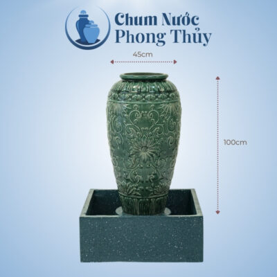 kích thước Bộ Đơn Lu Nước Phong Thủy Men Xanh Họa Tiết Tân Cổ Chậu Vuông CN-0