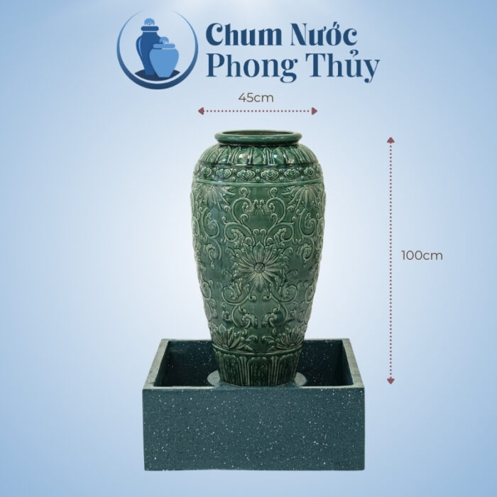 kích thước Bộ Đơn Lu Nước Phong Thủy Men Xanh Họa Tiết Tân Cổ Chậu Vuông CN-0