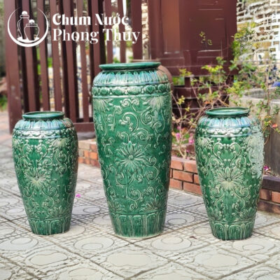 chi tiết Bộ Đơn Lu Nước Phong Thủy Men Xanh Họa Tiết Tân Cổ Chậu Vuông CN-01