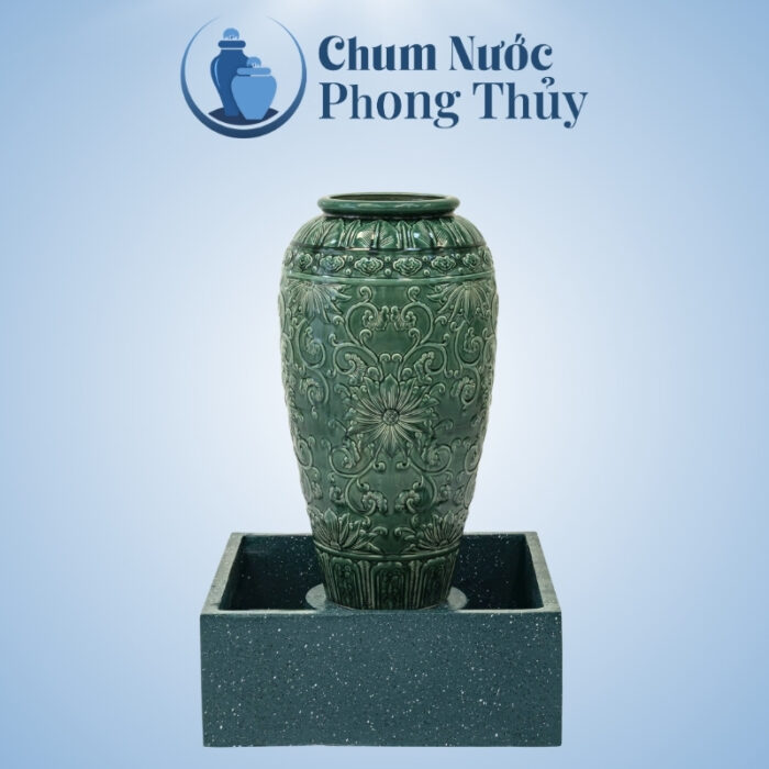 Bộ Đơn Lu Nước Phong Thủy Men Xanh Họa Tiết Tân Cổ Chậu Vuông CN-01