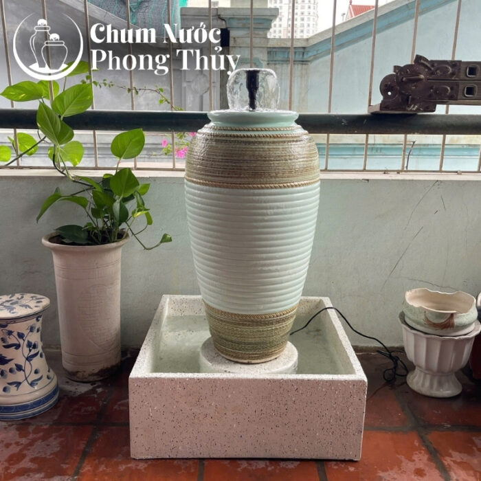 chi tiết Bộ Đơn Lu Nước Trang Trí Tiểu Cảnh Men Màu Xanh Ngọc Thổ Cẩm Chậu Vuông CN-04