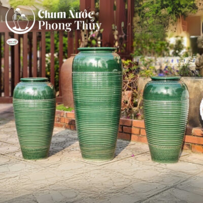 chi tiết Bộ Đơn Chum Nước Trang Trí Tiểu Cảnh Men Màu Vẽ Thổ Cẩm Vân Kẻ Chậu Vuông CN-07