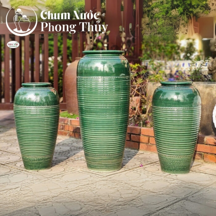 chi tiết Bộ Đơn Chum Nước Trang Trí Tiểu Cảnh Men Màu Vẽ Thổ Cẩm Vân Kẻ Chậu Vuông CN-07