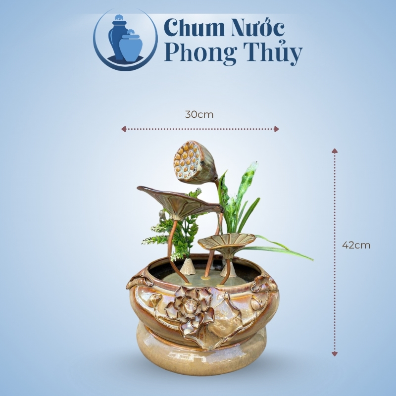 kích thước Thác Nước Phong Thủy Trang Trí Dáng Sen Đắp Nhỏ Vàng Nâu TN-10