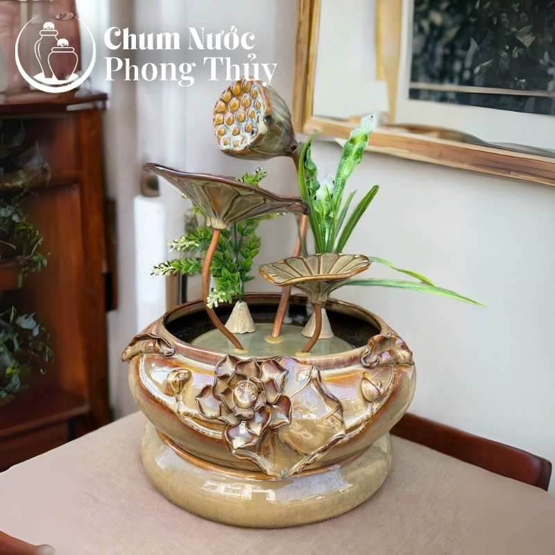 chi tiết Thác Nước Phong Thủy Trang Trí Dáng Sen Đắp Nhỏ Vàng Nâu TN-10