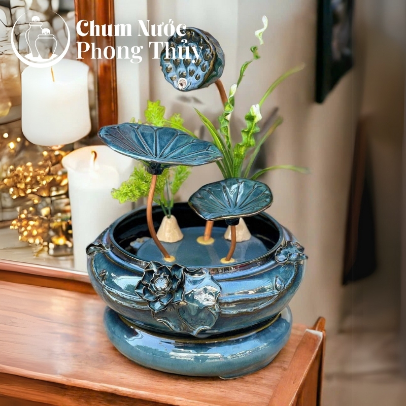 xhi tiết Bộ Thác Nước Trang Trí Tiểu Cảnh Sen Đắp Nhỏ Xanh TN-09