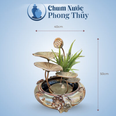 kích thước Tiểu Cảnh Phong Thủy Thác Nước Dáng Hoa Sen Đắp Đại Vàng Nâu TN-13