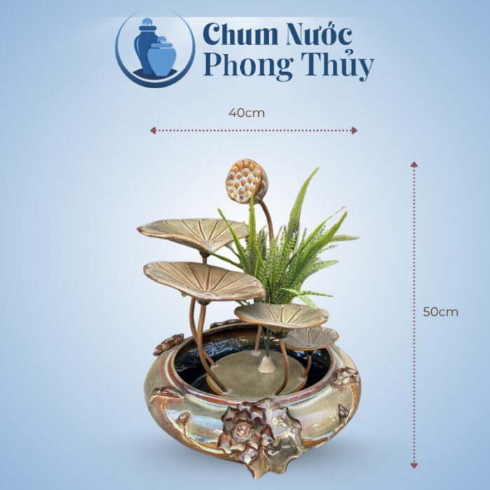 kích thước Tiểu Cảnh Phong Thủy Thác Nước Dáng Hoa Sen Đắp Đại Vàng Nâu TN-13