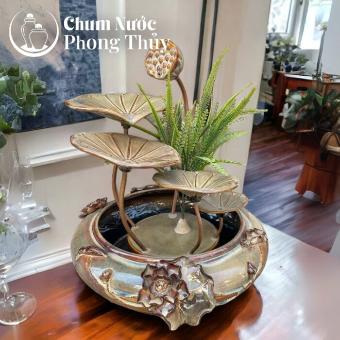 chi tiết Tiểu Cảnh Phong Thủy Thác Nước Dáng Hoa Sen Đắp Đại Vàng Nâu TN-13
